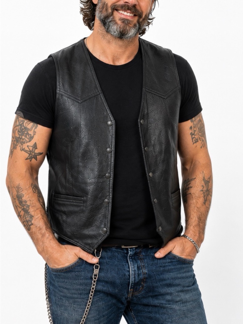 Men's Black Genuine Made in USA Leather Snap-Front Vest size 44 never worn!